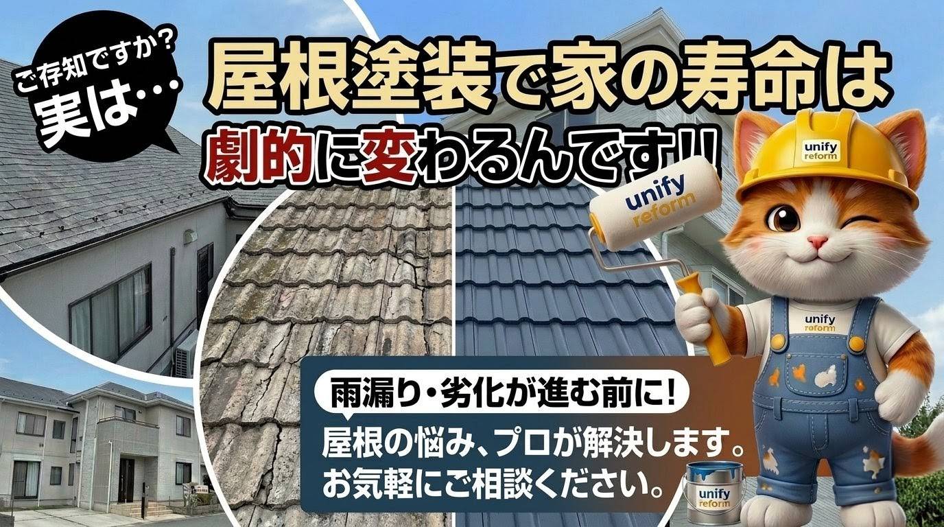足立区の屋根塗装なら雨漏り対策・劣化防止に対応、屋根のビフォーアフターを紹介するバナー